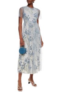 Layered glittered tulle and floral-print crepe midi dress