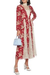 Chantilly lace-paneled floral-print silk crepe de chine midi dress (Discount applied in bag)