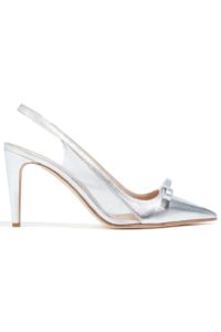 Bow-embellished metallic leather and PVC slingback pumps