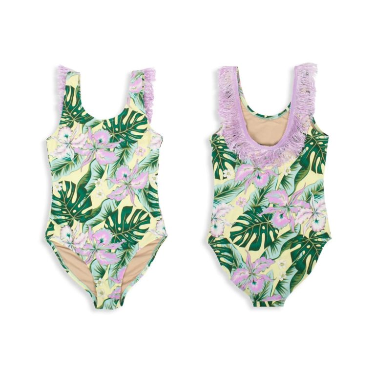 Image of Baby Girl's & Little Girl's Tropical Print Fringe One-Piece Swimsuit