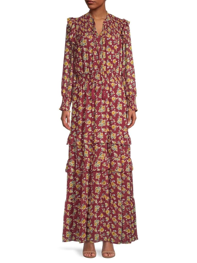 Image of Smocked Ruffled Floral-Print Maxi Dress