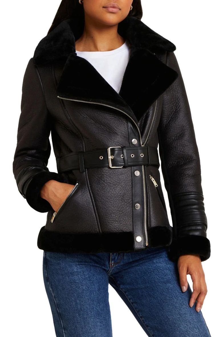 Image of Belted Faux Leather & Faux Fur Aviator Jacket