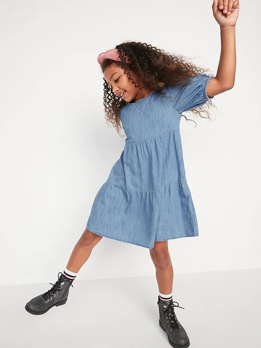 Image of Tiered Puff-Sleeve Jean Dress for Girls
