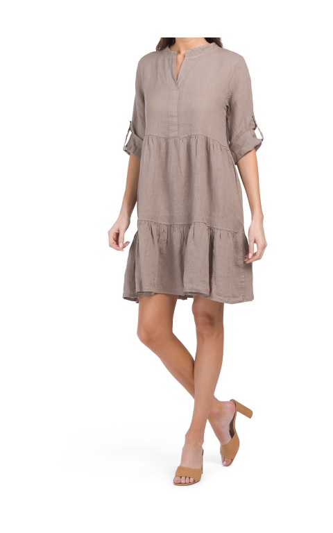 Image of Linen Roll Tab Sleeve Tiered Dress 40in long