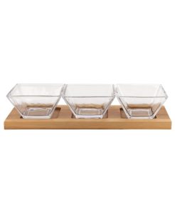 Set 4 Piece with 3 Glass Condiment or Dip Bowls on A Wood Tray