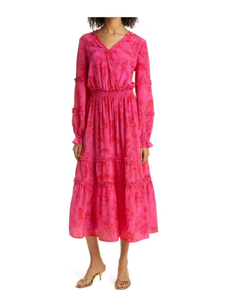 Image of Floral Long Sleeve Ruffle Silk Maxi Dress