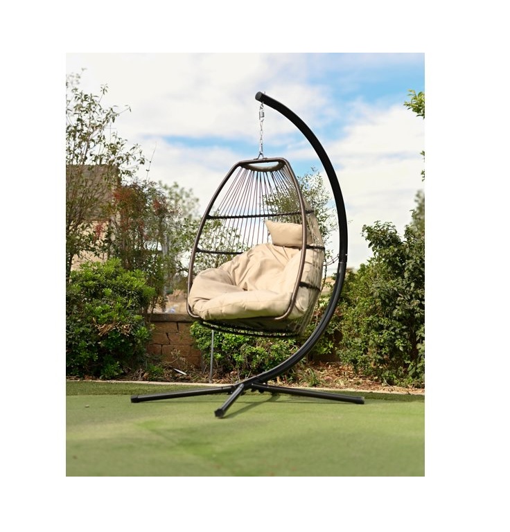 Image of Outdoor Large Hanging Egg Chair Lounge Chair w/ Stand and Cushion, Beige