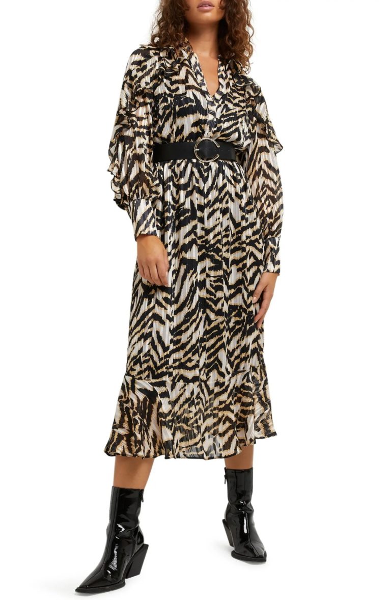 Image of Belted Ruffle Long Sleeve Midi Dress