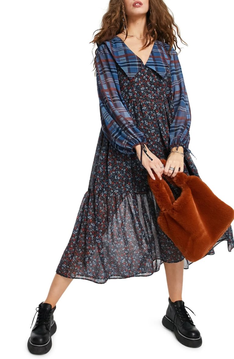 Image of Long Sleeve Plaid & Floral Dress