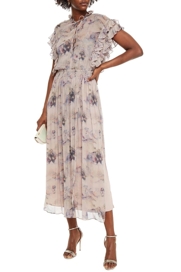 Image of Lace-up gathered printed crepon midi dress
