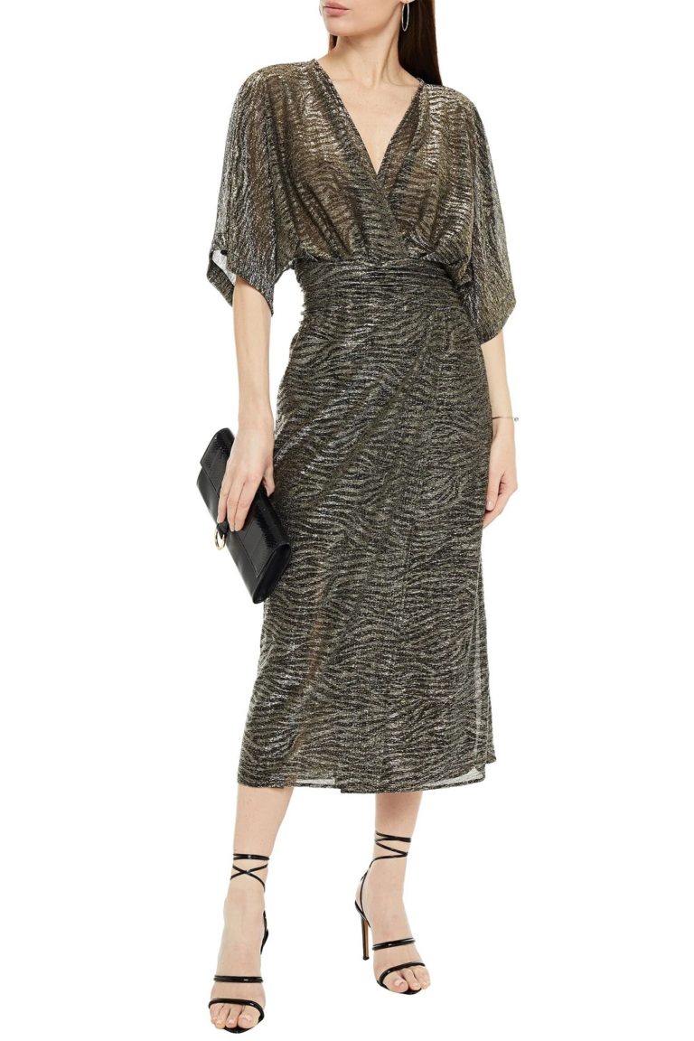 Image of Wrap-effect ruched metallic knitted midi dress