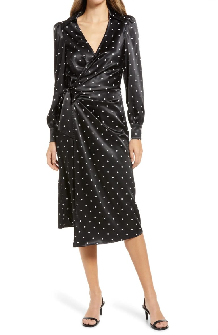 Image of Balencia Dot Print Satin Wrap Dress