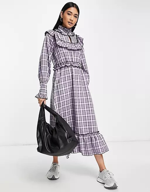 Image of Y.A.S check dress with collar detail and frill hem in purple