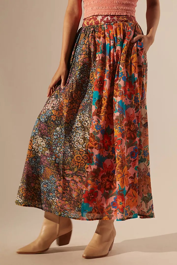 Image of Gathered Printed A-Line Midi Skirt