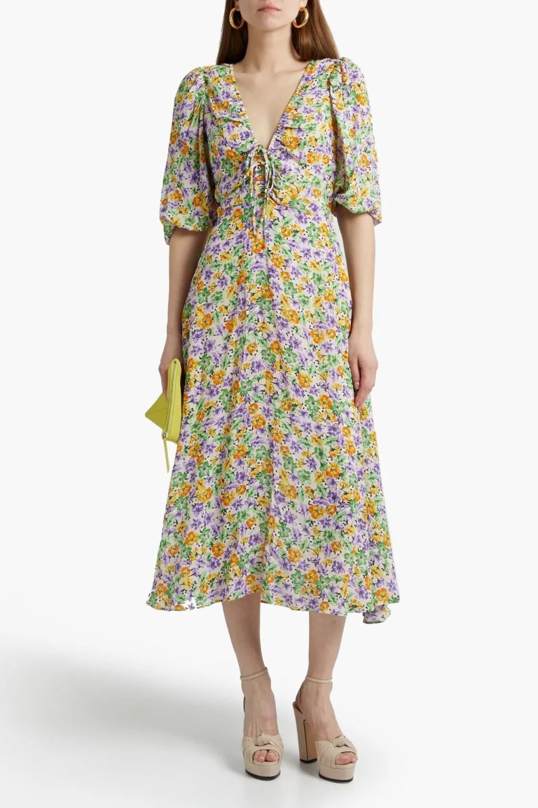 Image of Danielle lace-up ruched floral-print crepe midi dress