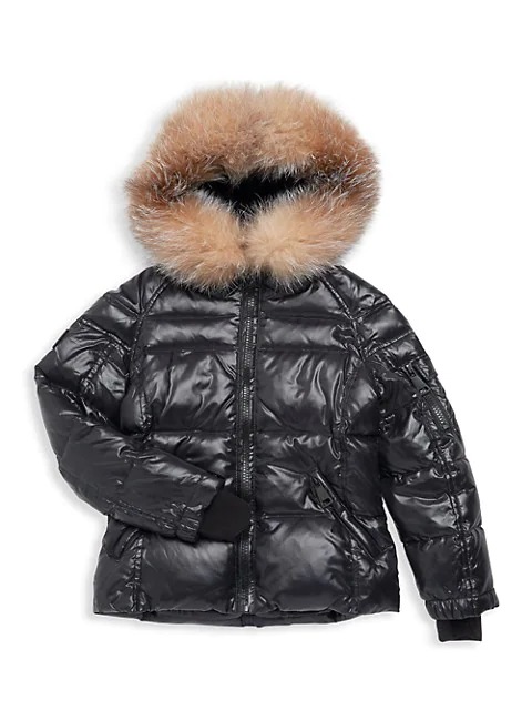 Image of Girl's Blake Metallic Fox Fur-Trim Down Puffer Jacket