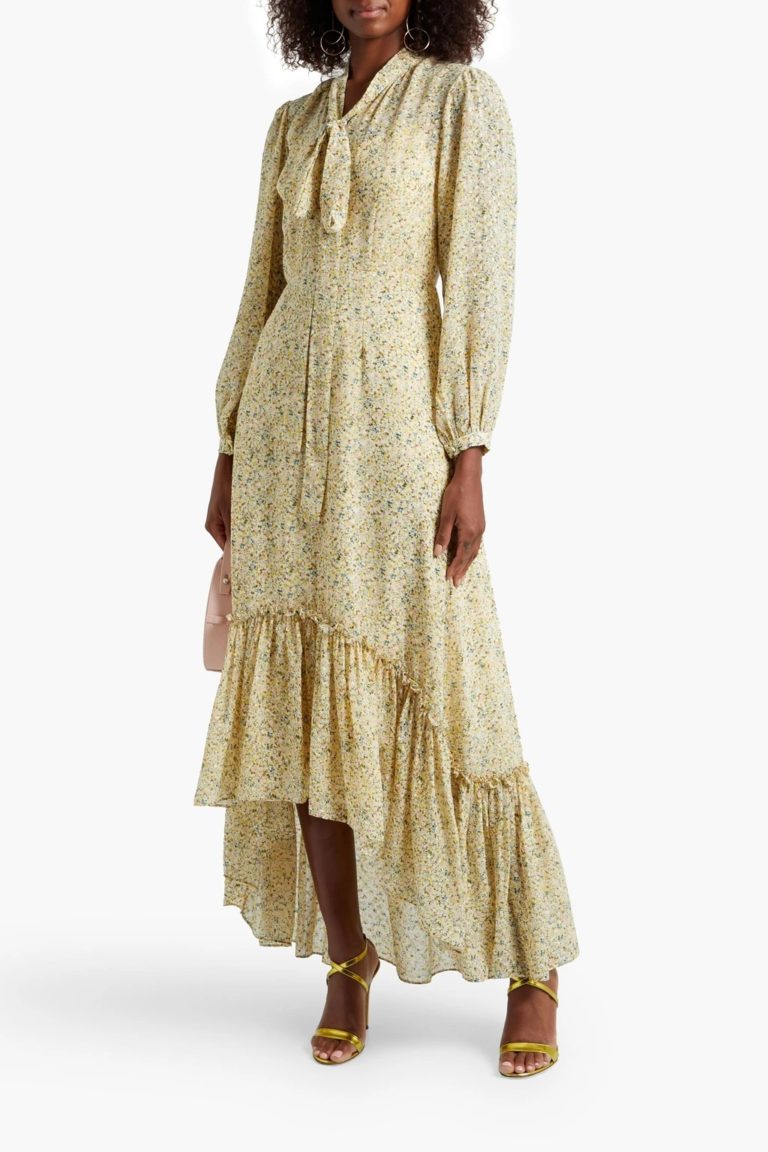 Image of Tie-neck gathered printed fil coupé and chiffon maxi dress
