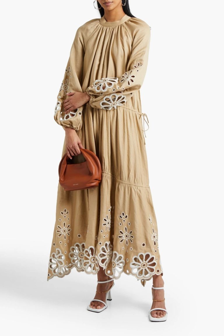 Image of Tiered broderie anglaise linen-blend maxi dress