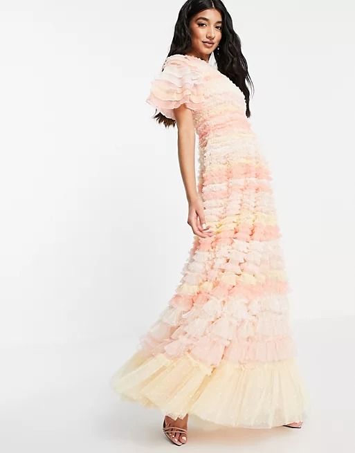 Image of Needle & Thread Luella Ruffle maxi dress with ruffle stripes in pink