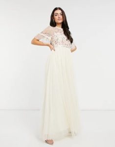 Needle & Thread embellished tiered sleeve midaxi dress in champagnep