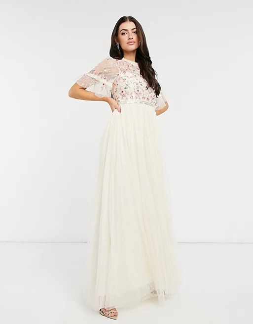 Image of Needle & Thread embellished tiered sleeve midaxi dress in champagne