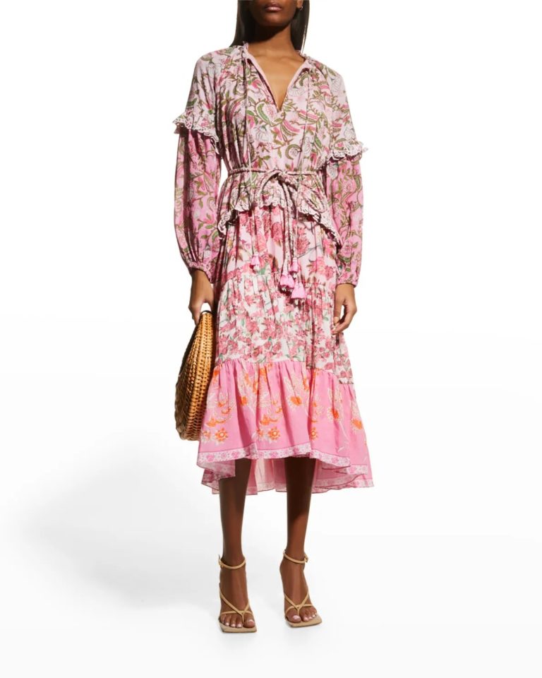 Image of Midi Tiered Floral Dress with Braided Belt