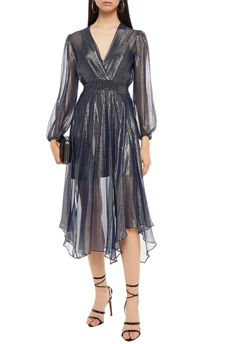 Image of Ruit wrap-effect metallic silk-blend chiffon midi dress
