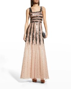 Sequin-Embellished Square-Neck Gown