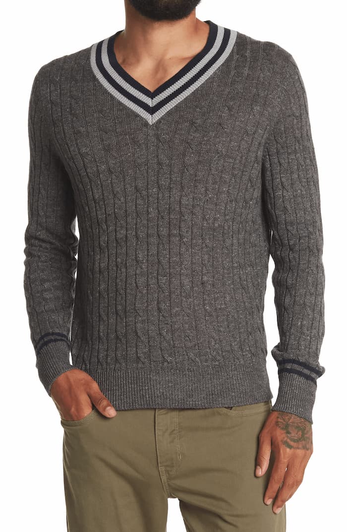 Image of Cable Knit V-Neck Sweater