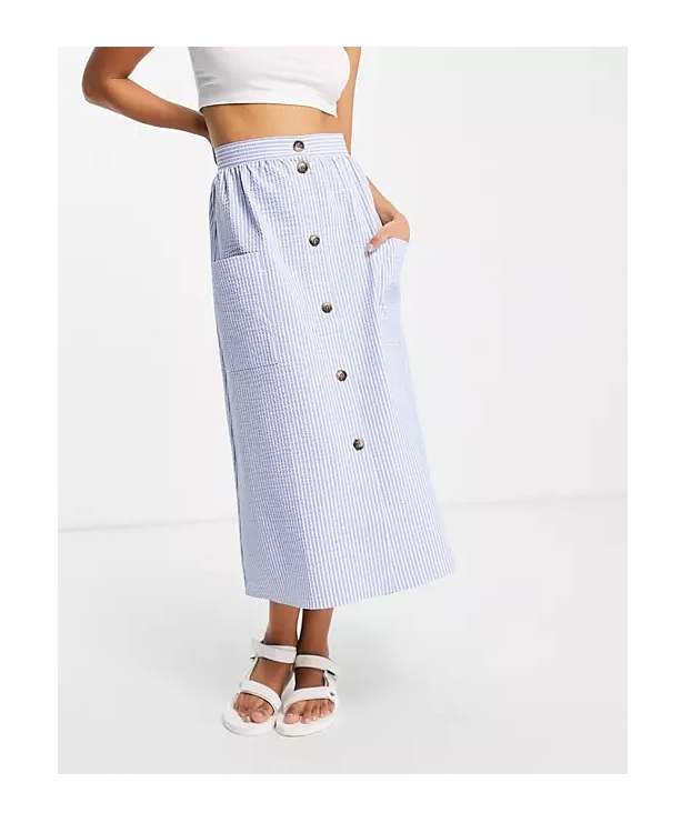 Image of Button through midi skirt in blue