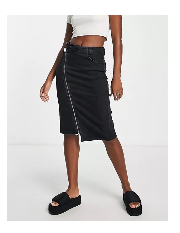 Image of asymmetric denim mini skirt in black