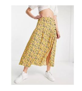 button side midi skirt in yellow ditsy floralp