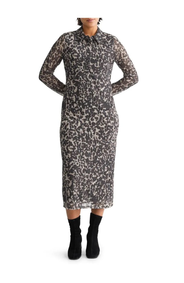 Image of Animal Print Long Sleeve Polo Midi Dress
