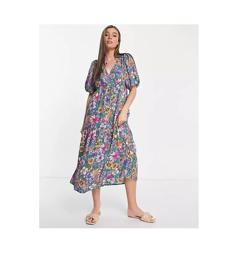 Image of Bubble sleeve floral print dress in multicolo