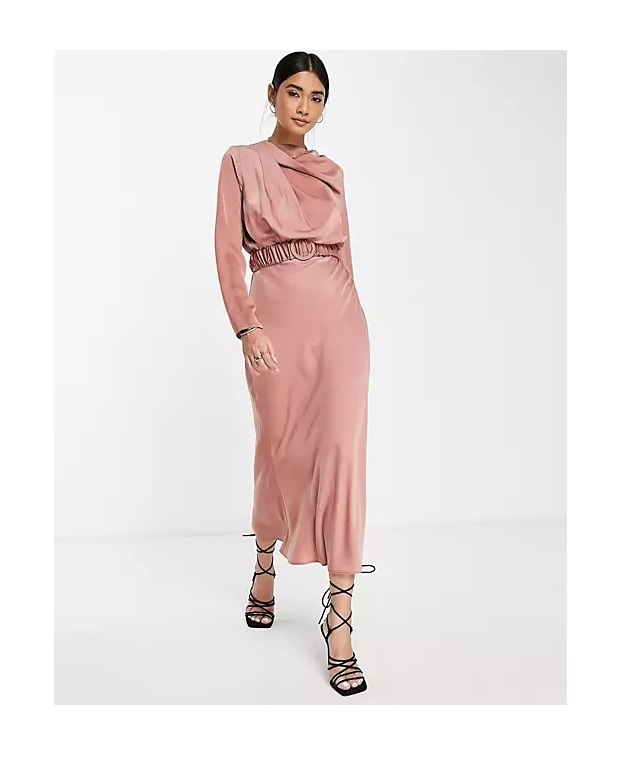 Image of drape high neck satin long sleeve midi dress with scrunchie belt in brown