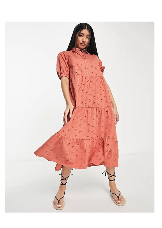 Image of broderie midi tiered shirt dress with short sleeves in ginger