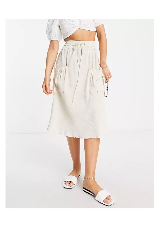 Image of midi skirt with drawstring waist in natural crinkle in stone