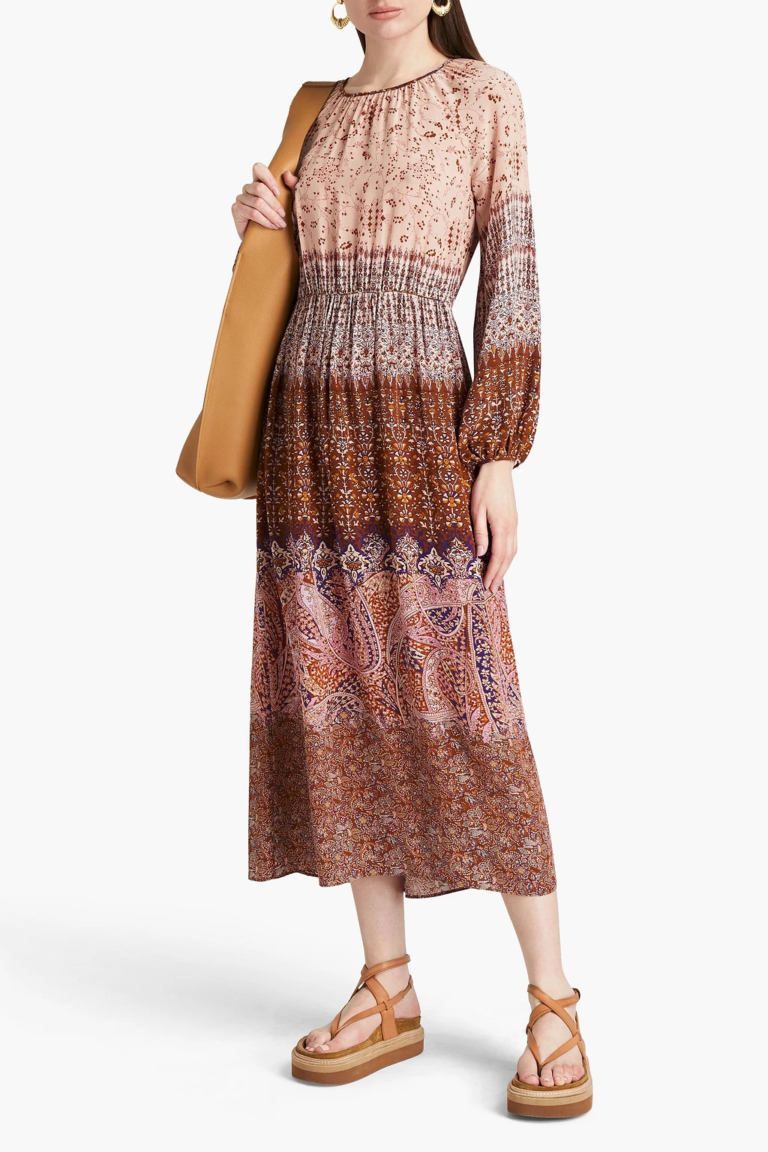 Image of Gathered paisley-print crepe de chine midi dress