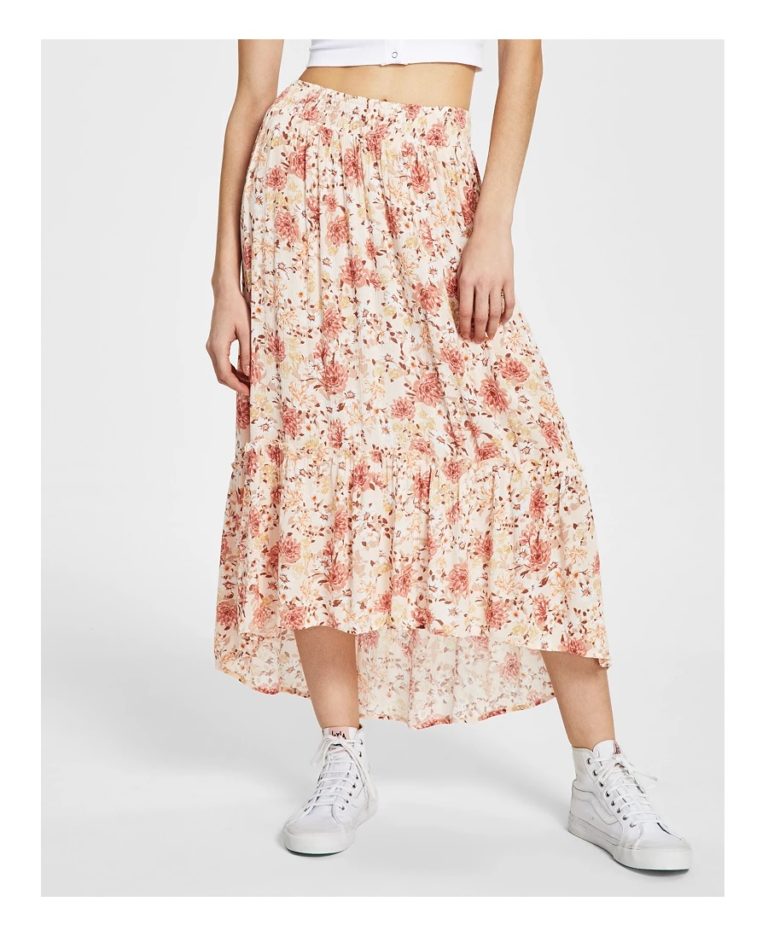 Image of Juniors' Printed Tiered High-Low Maxi Skirt
