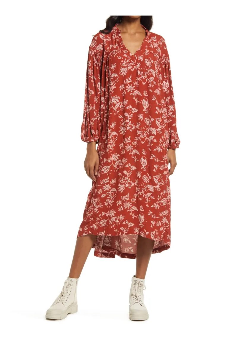 Image of Floral Long Sleeve Woven Midi Dress
