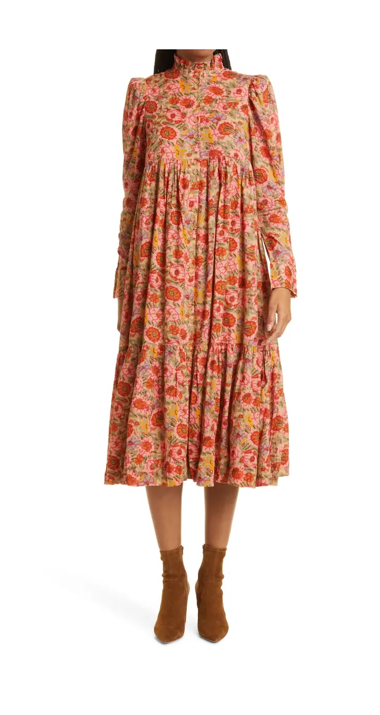 Image of Long Sleeve Floral Cotton Midi Dress