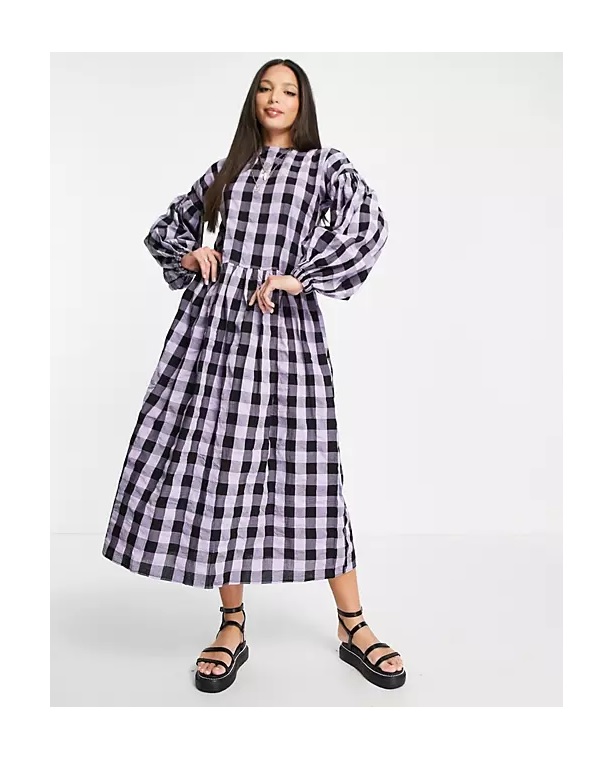 Image of tall dropped shoulder super oversized smock midi dress in lilac gingham