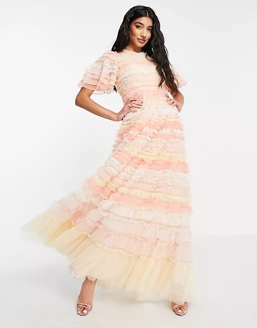 Image of Needle & Thread Luella Ruffle maxi dress with ruffle stripes in pink