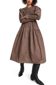 Women's Check Tiered Long Sleeve Midi Dressp