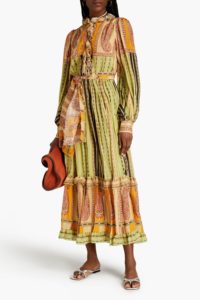Ruffle-trimmed printed silk-seersucker midi dress