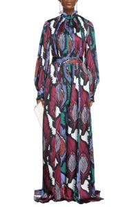 Gathered printed satin-jacquard gown