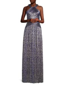 Jacquard Gathered Halter Gown