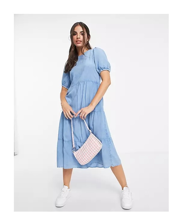 Image of tiered midi dress in chambray