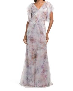 V-neck Flutter Sleeve Floral Gown