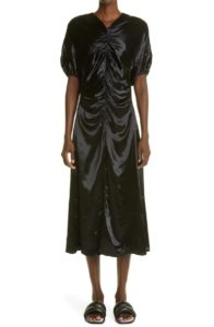 Puff Sleeve Ruched Satin Midi Dress